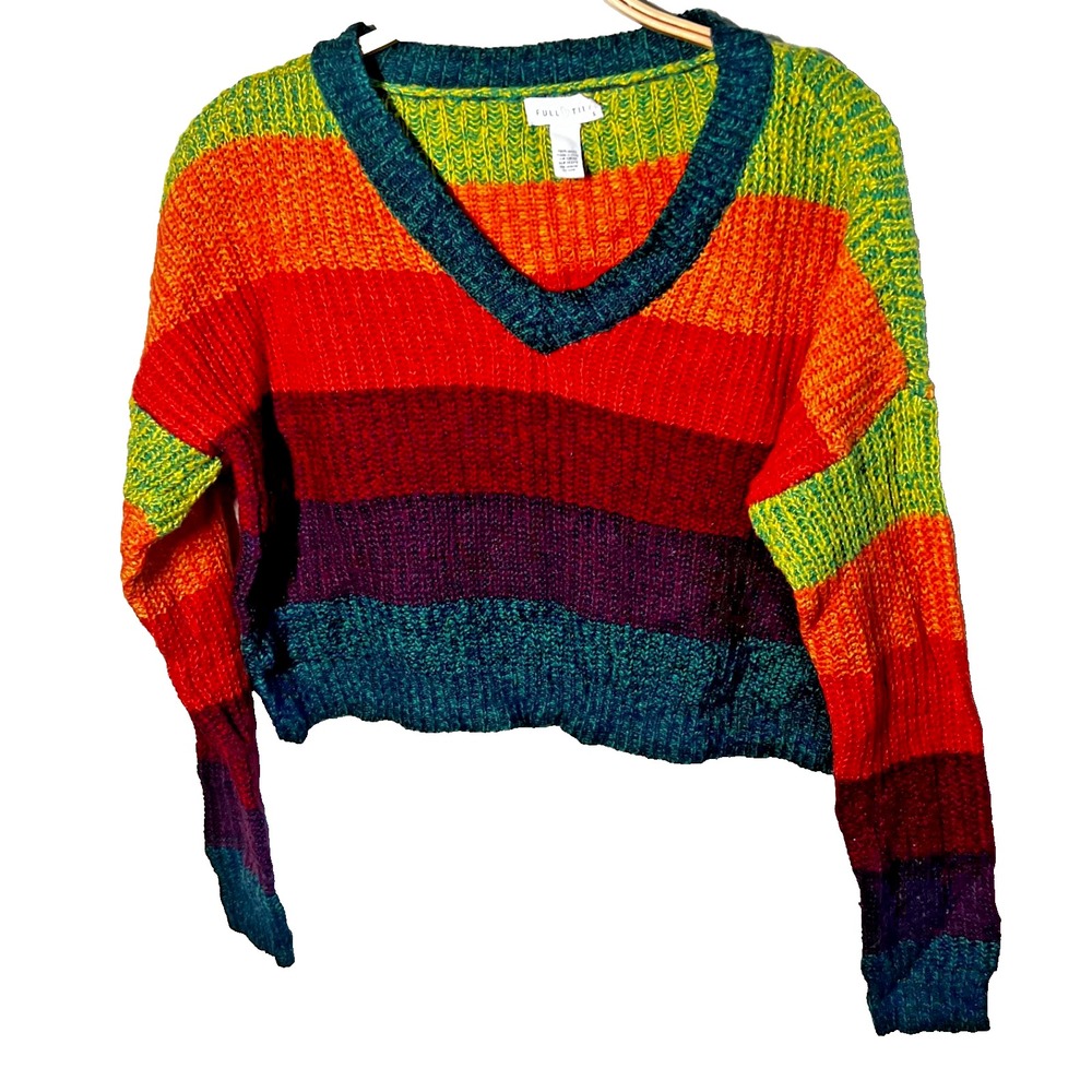 Full Tilt Fuzzy Striped Cropped Sweater Women's Size Small Retro Bright Cozy